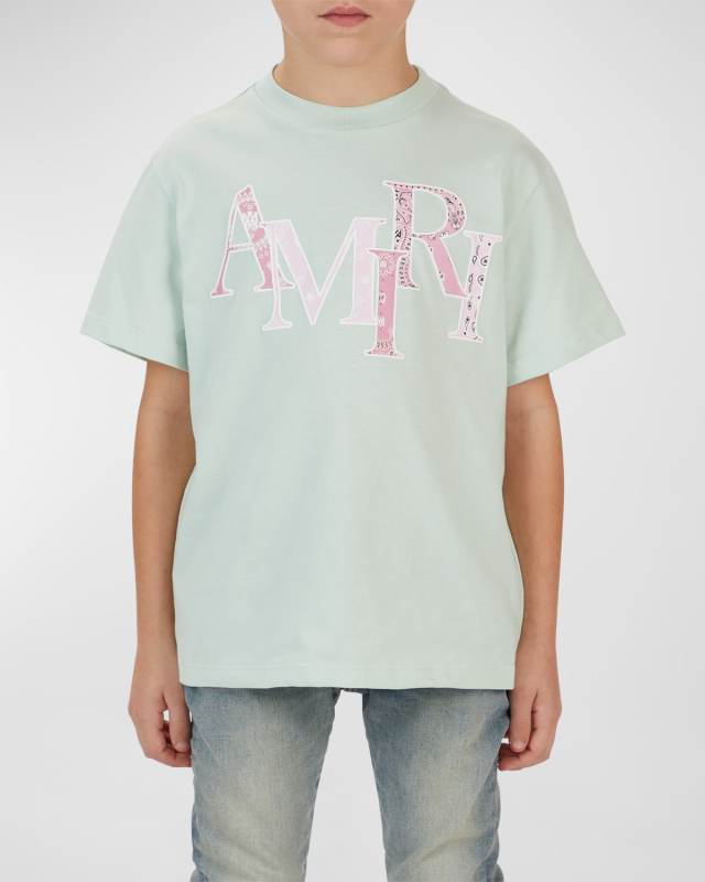 Boy's Bandana-Print Staggered Logo-Print T-Shirt, Size 4-12