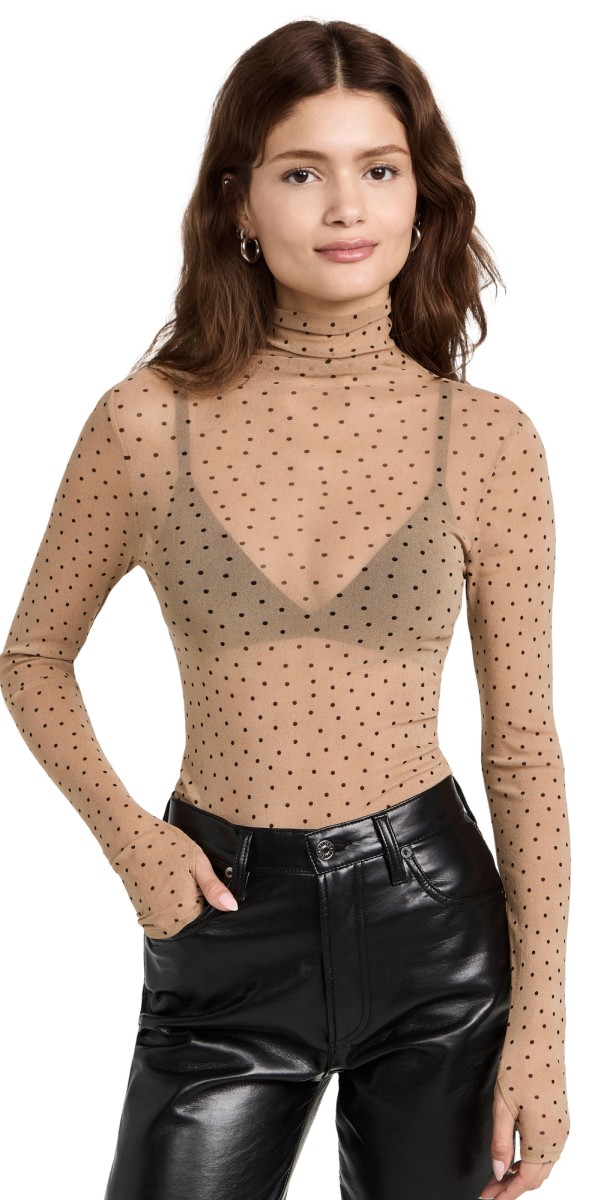 Enza Costa Mesh Long Sleeve Turtleneck Khaki Dot