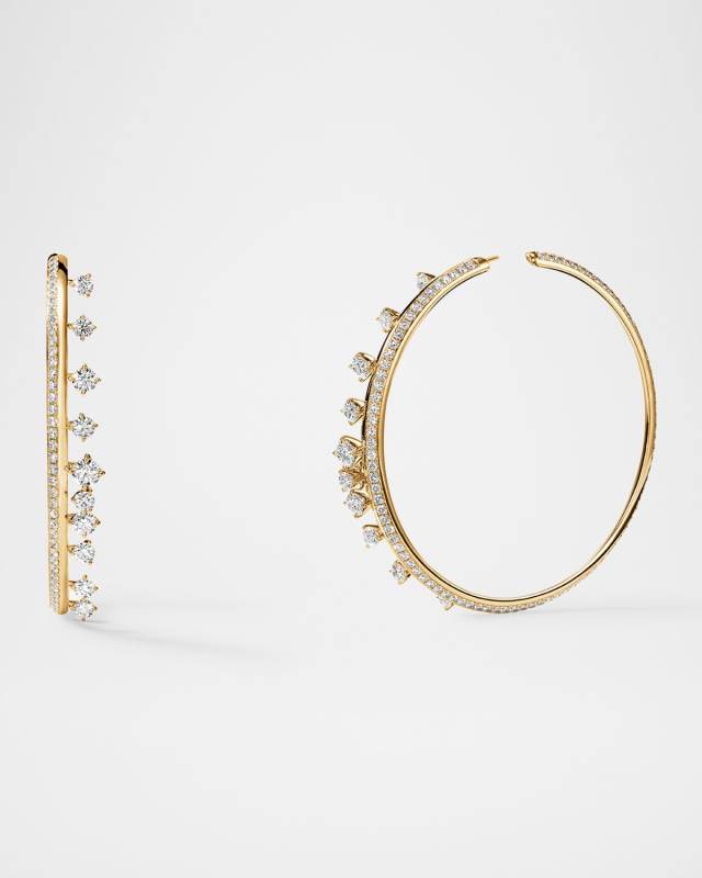 18K Yellow Gold Barre Floating Diamond Large Hoop Earrings