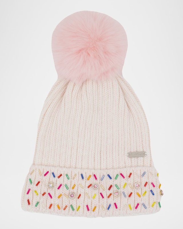 Girl's Crystalized Beanie with Faux Fur Pom Pom