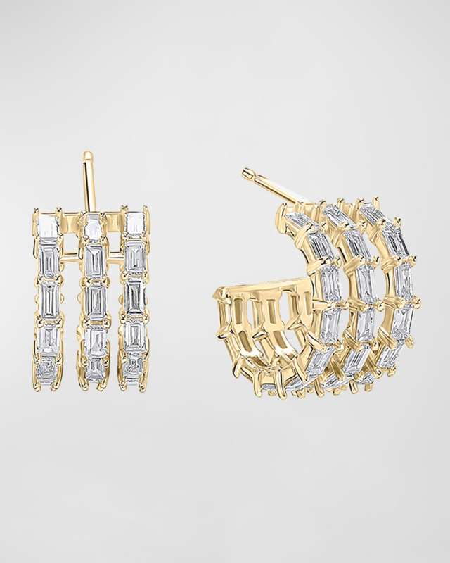 Baguette Triple Row Huggie Earrings with Diamonds