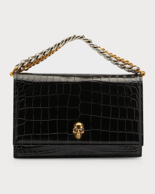 Small Skull Croc-Embossed Shoulder Bag