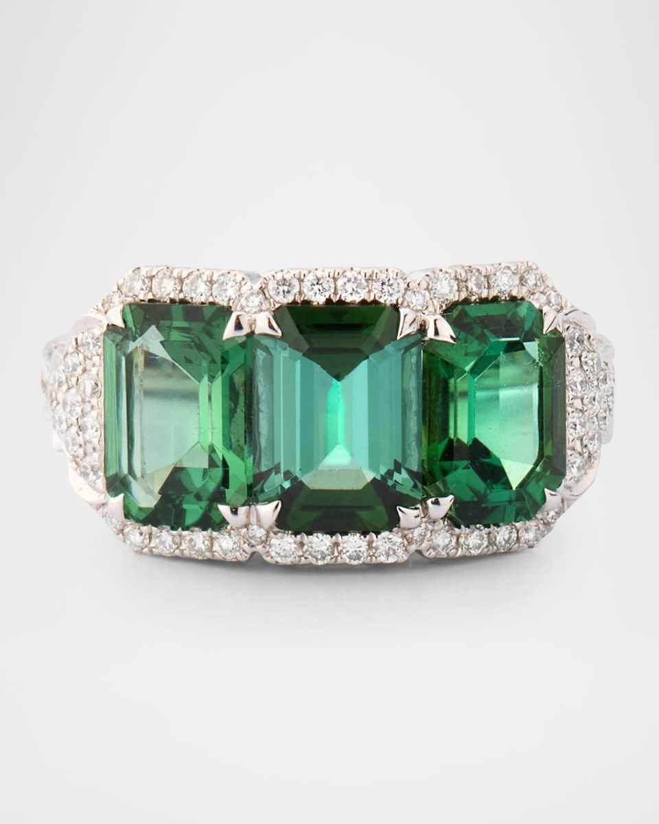 18K White Gold 3-Stone Green Tourmaline and Diamond Ring, Size
