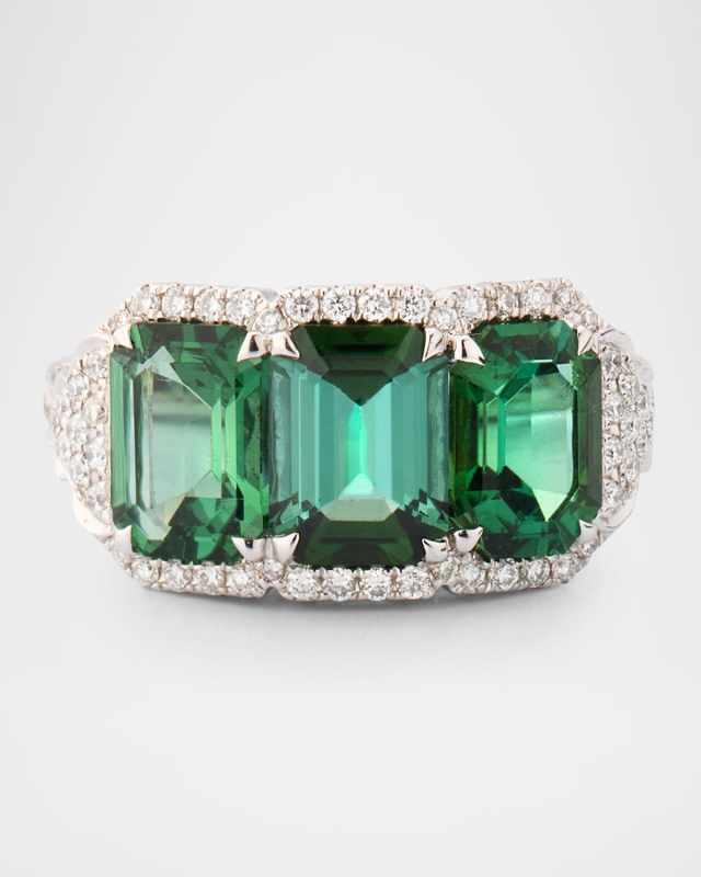 18K White Gold 3-Stone Green Tourmaline and Diamond Ring, Size