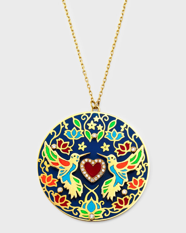 18K Yellow Gold Diamond Love Bird Big Pendant Necklace