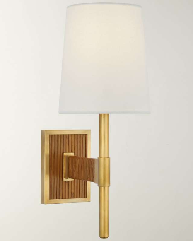 Elle Small Single Sconce In Hand-Rubbed Antique Brass And Dark Rattan With Linen Shade By Suzanne Kasler
