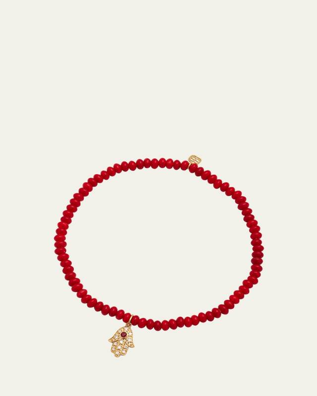 3mm Beaded Coral Bracelet with Diamond Hamsa Pendant