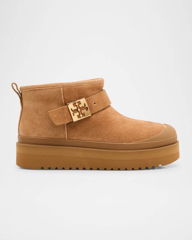 Mellow Suede Shearling Buckle Platform Booties