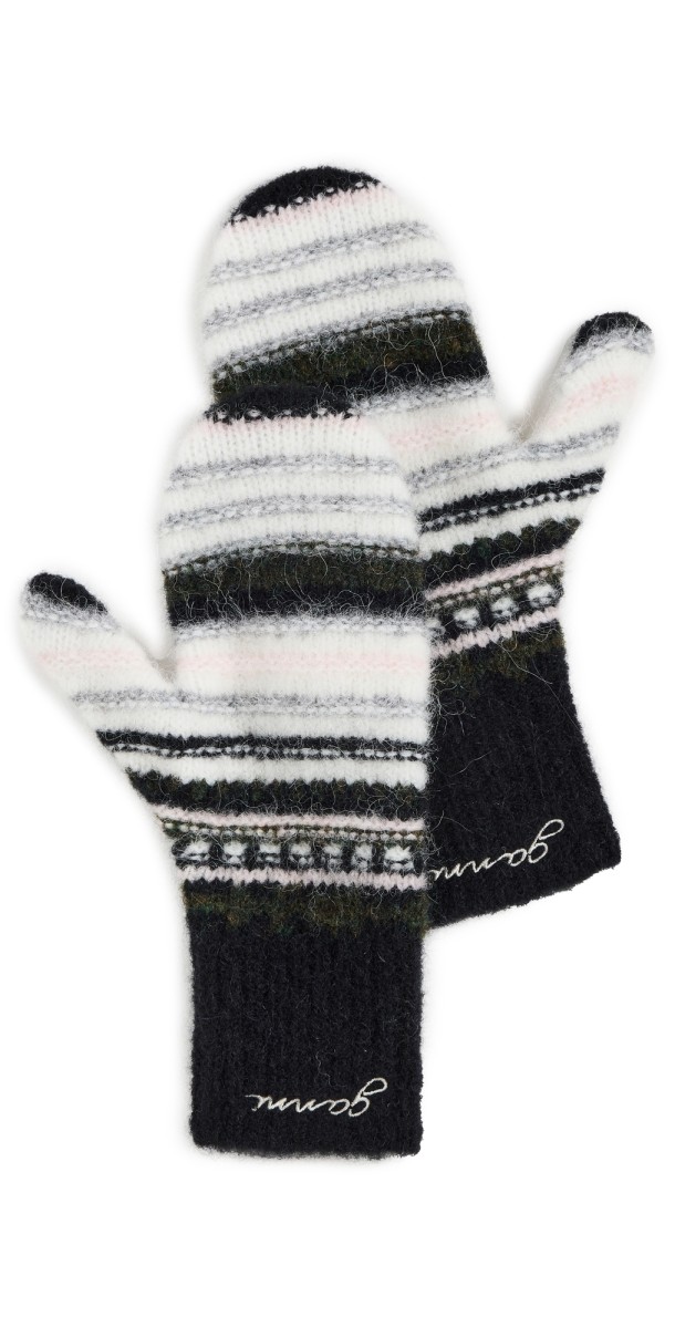 GANNI Striped Soft Wool Mittens Black