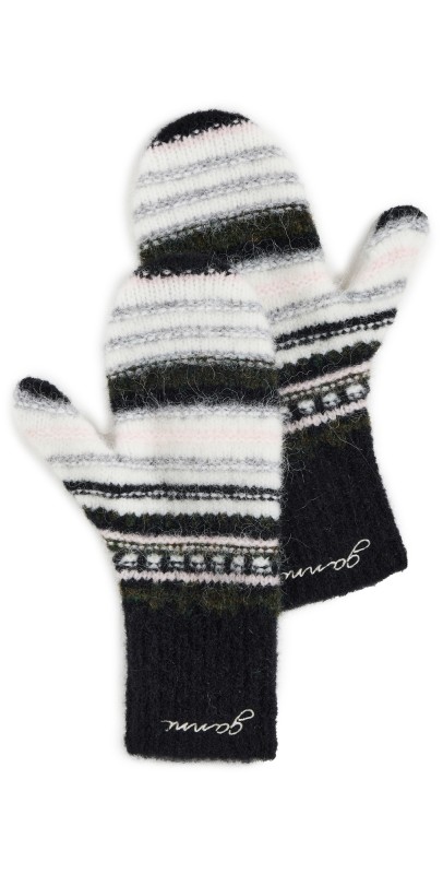 GANNI Striped Soft Wool Mittens Black
