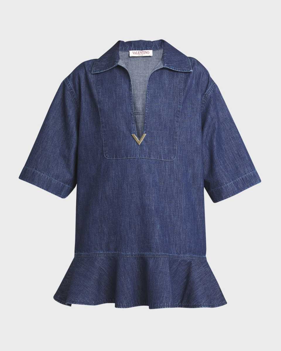 Denim Flared Hem Mini Dress with Logo Detail