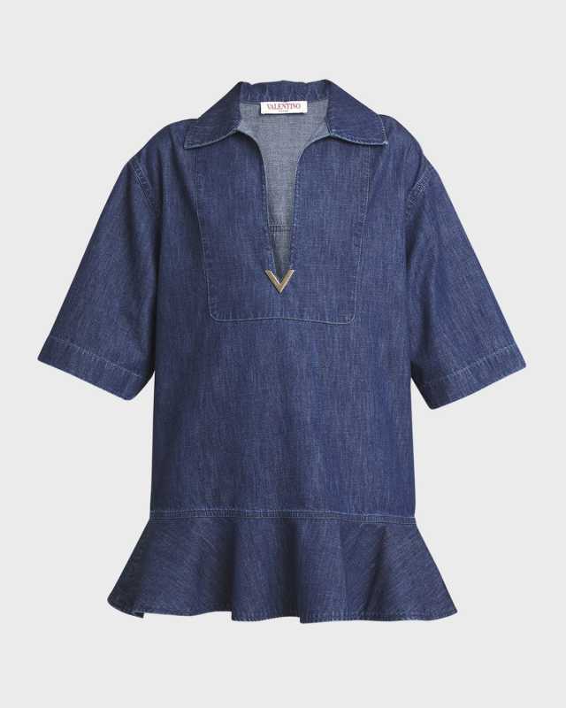 Denim Flared Hem Mini Dress with Logo Detail