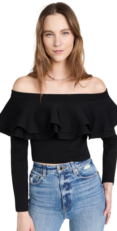 endless rose Off Shoulder Knit Top Black