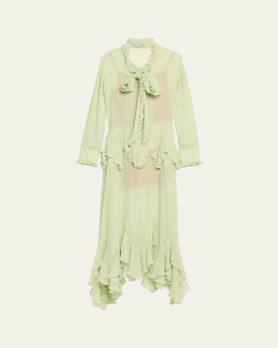 Scarf-Neck Sheer Chiffon Ruffle Gown