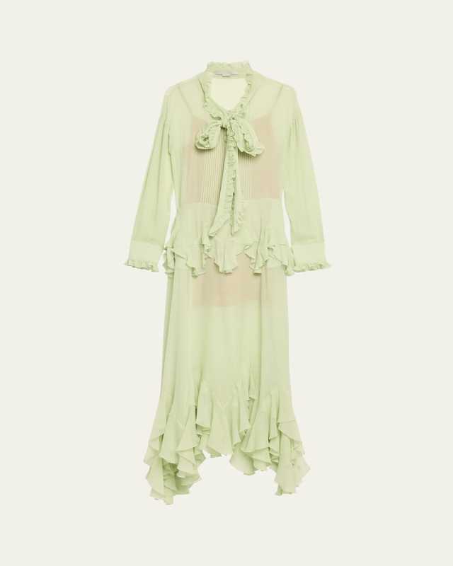 Scarf-Neck Sheer Chiffon Ruffle Gown
