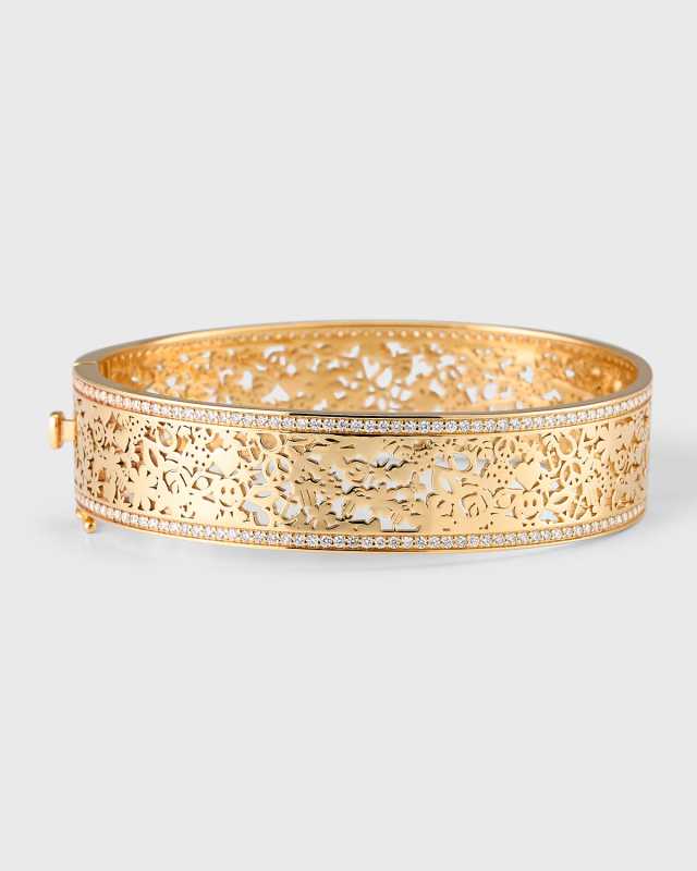 14K Yellow Gold Large Wallpaper Hinge Bracelet with Diamonds