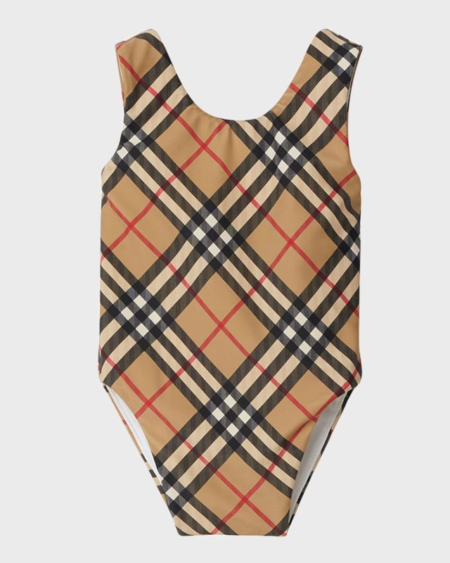 Girl's Tirza Bias Check One-Piece Swimsuit, Size 12M-