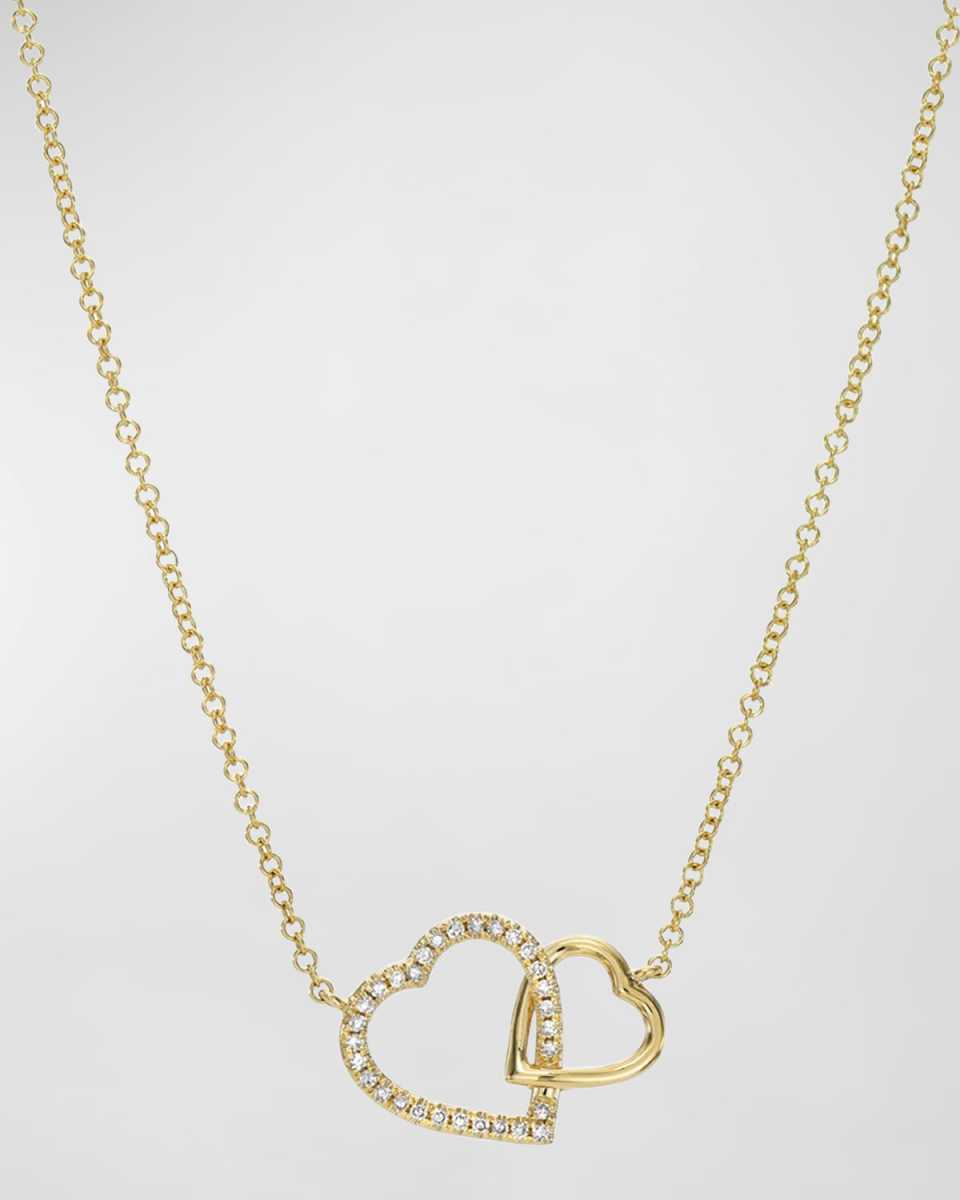 14K Gold Diamond Open Hearts Pendant Necklace