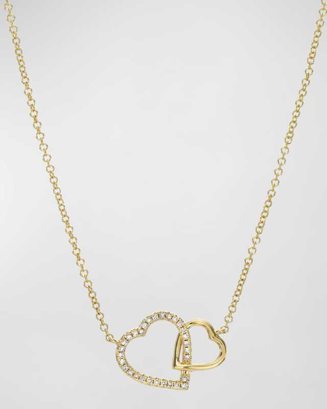 14K Gold Diamond Open Hearts Pendant Necklace