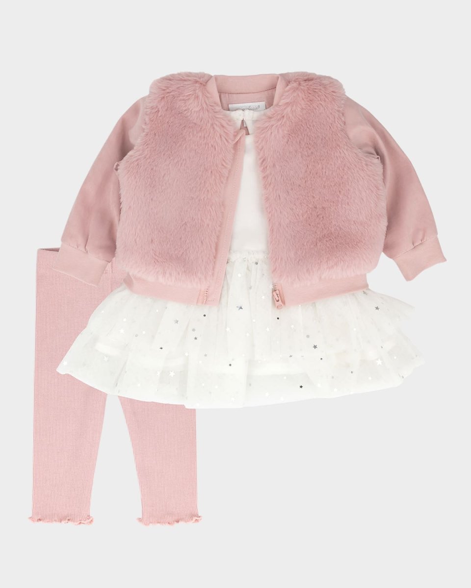 Girl's Faux Fur Jacket W/ Tutu Top & Leggings Set, Size 3M-24