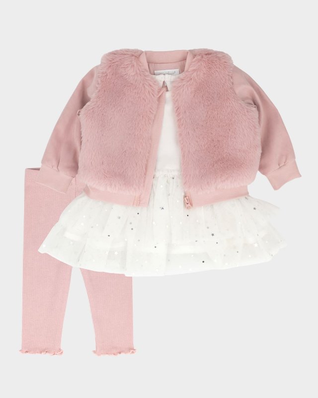 Girl's Faux Fur Jacket W/ Tutu Top & Leggings Set, Size 3M-24