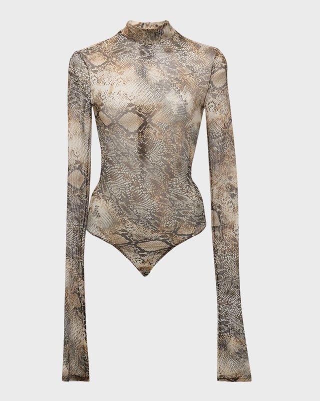 Snakeskin-Print Mesh Mock-Neck Long-Sleeve Bodysuit
