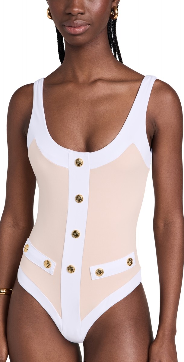 CAROLINE CONSTAS Sailor Gold Trimmed One Piece Navy White Combo