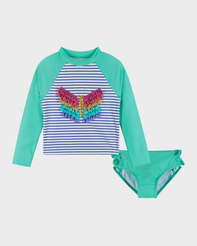 Girl's 3D Butterfly Striped Rashguard & Bottoms, Size 2T-6X