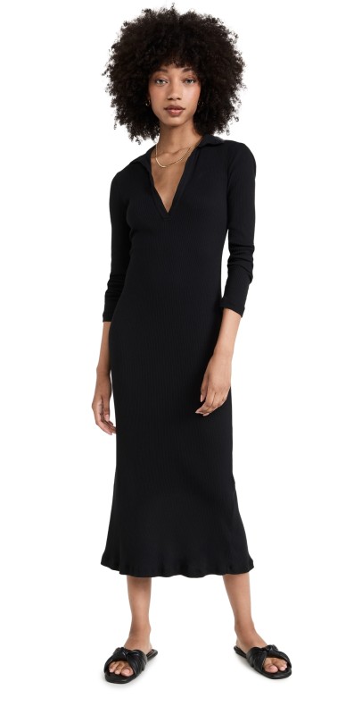 James Perse Long Sleeve Open Henley Dress True Black