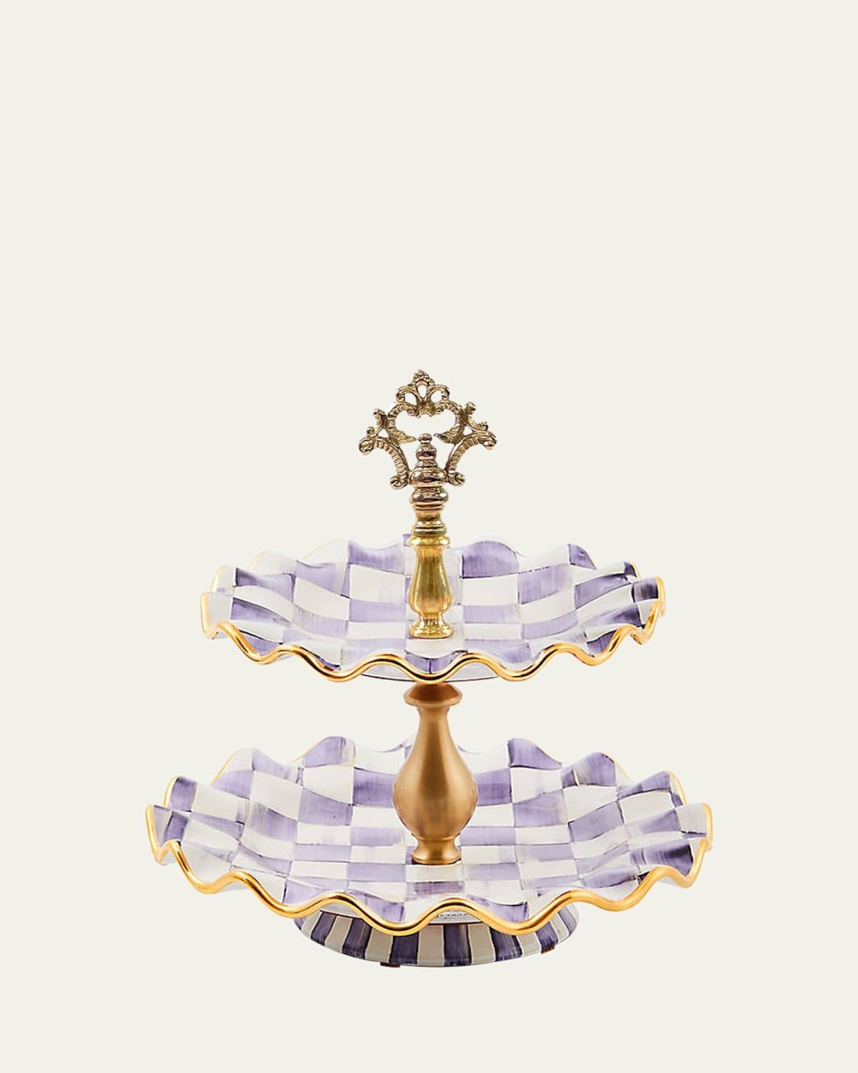 Plum Check Fluted Ceramic Two-Tier Sweet Stand