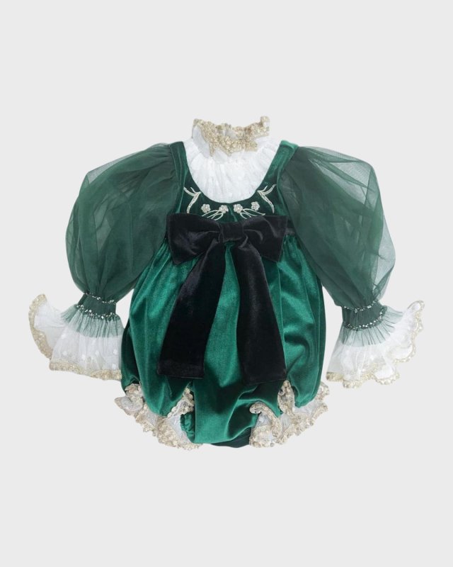 Girl's Aurora Embellished Puff Sleeve Velour Romper, Size 3M-3