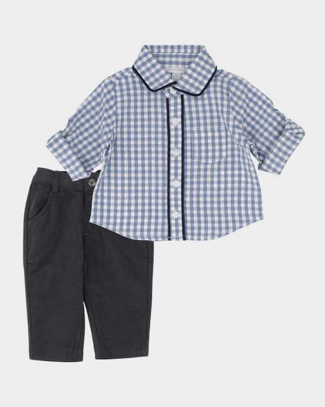 Boy's Gingham-Print Shirt & Pants Set, Size 3M-24