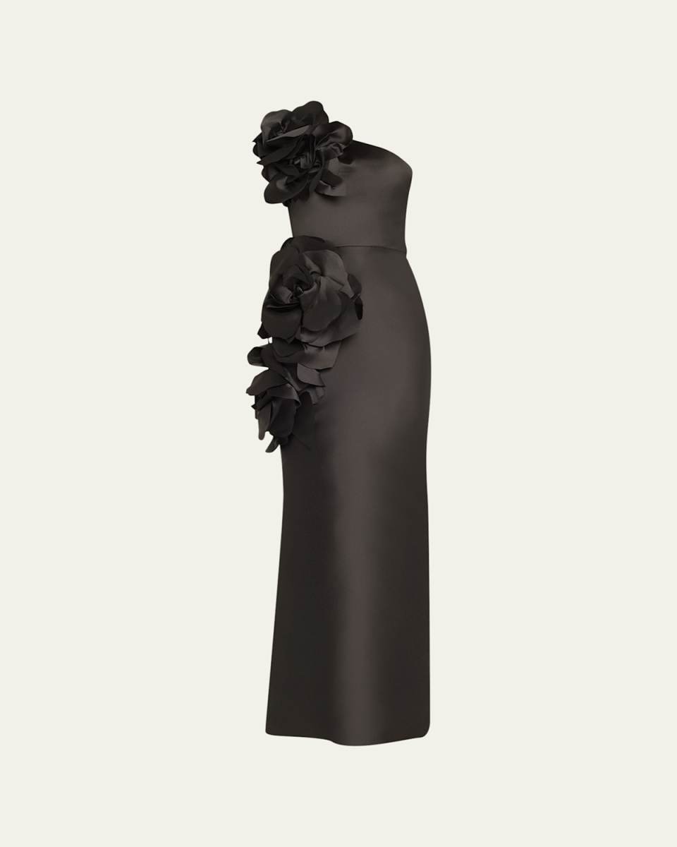 3-D Magnolia Flower One-Shoulder Silk Gown
