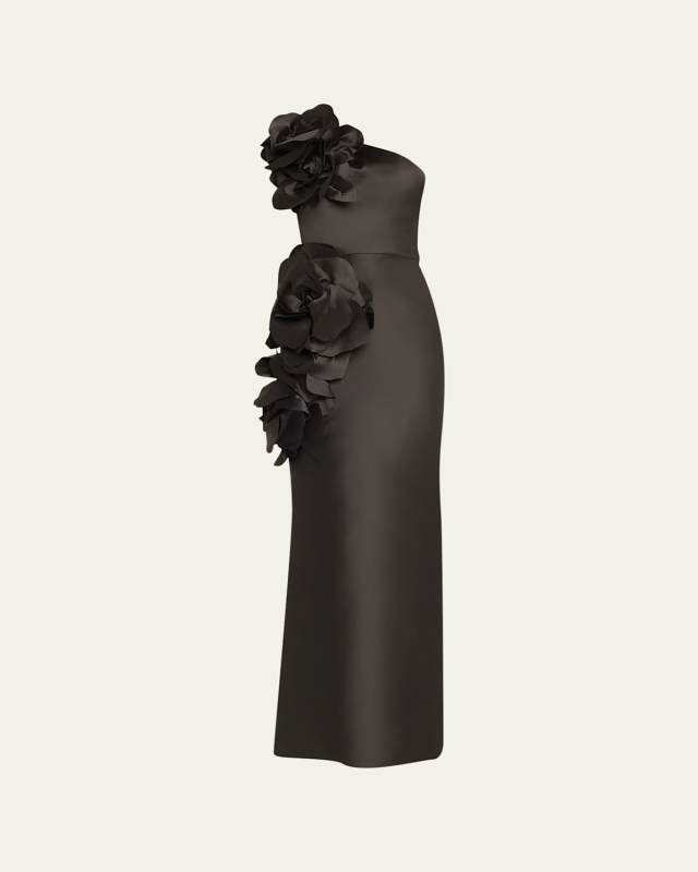 3-D Magnolia Flower One-Shoulder Silk Gown
