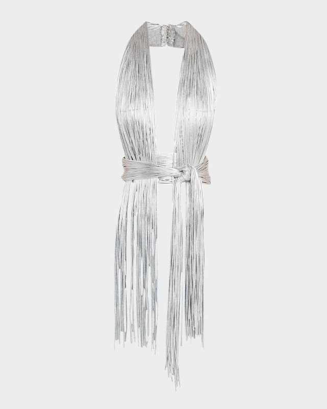 Metallic Fringe Knotted Halter Crop Top