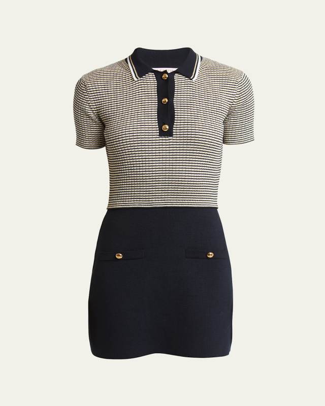 Striped Polo Mini Dress with Gold-Tone Buttons