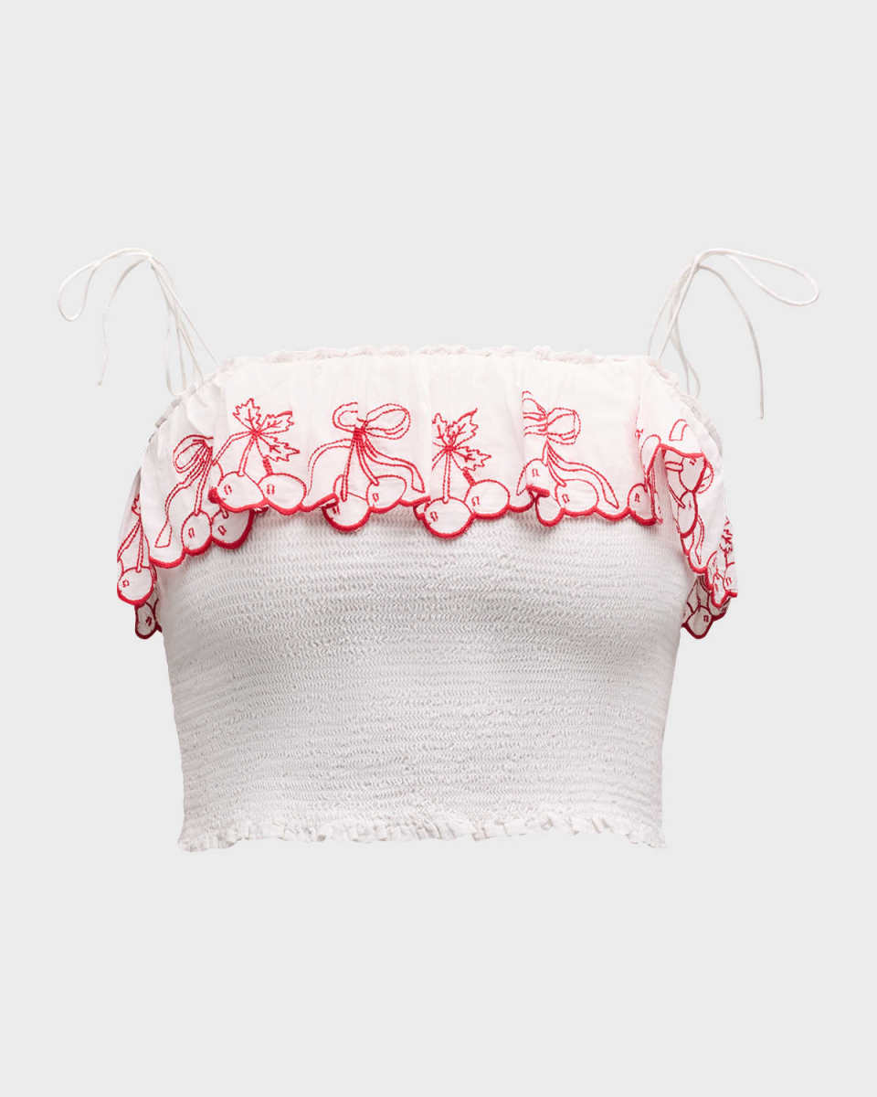 Carletta Smocked Embroidery Tie-Shoulder Crop Top