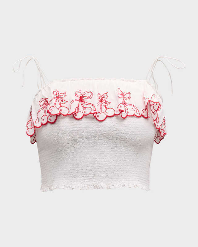 Carletta Smocked Embroidery Tie-Shoulder Crop Top