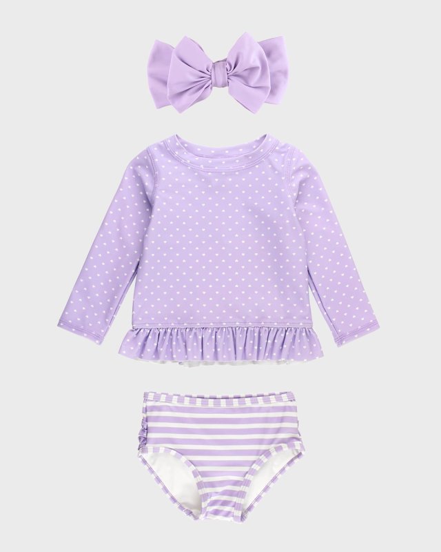Girl's Lavender Hearts Two-Piece Swimsuit and Bow Set, Size 3M-