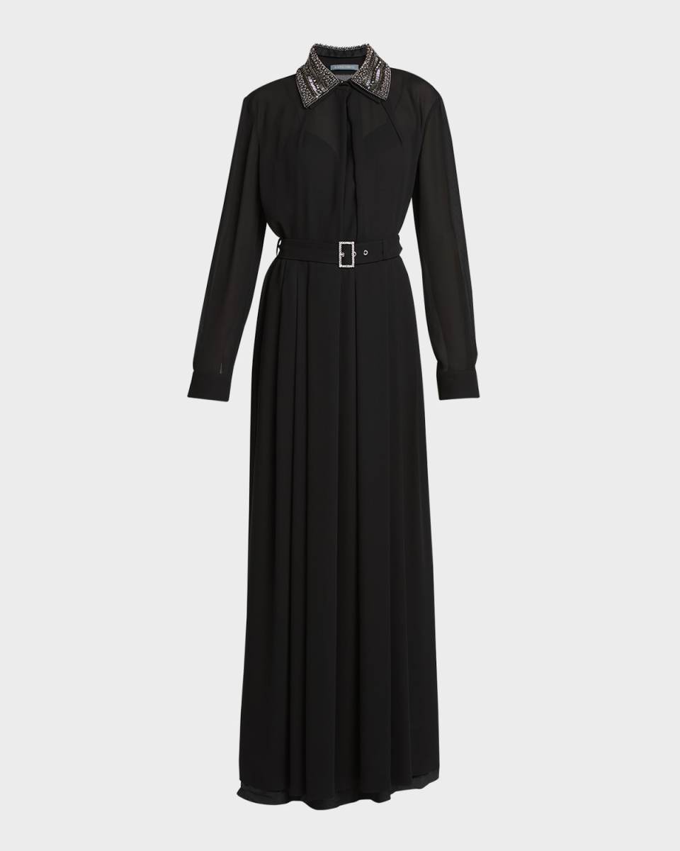 Beaded Collar Sable Belted Shirt Dress