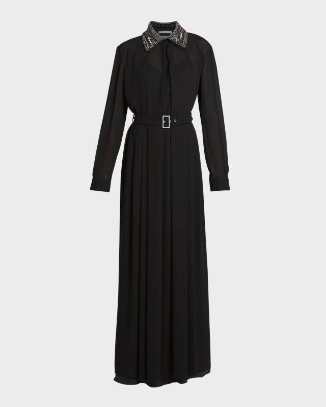 Beaded Collar Sable Belted Shirt Dress