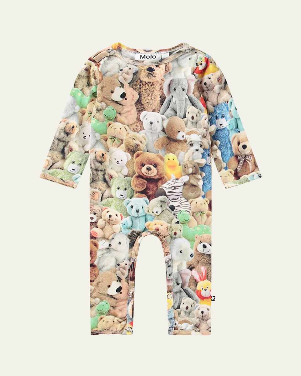 Girl's Fenez Stuffed Animals-Print Coverall, Size Newborn-24