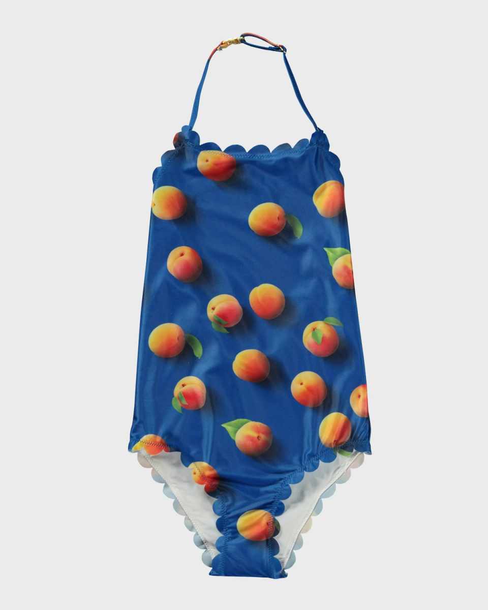 Girl's Noelle Peach-Print Scallop Swimsuit, Size 2-7