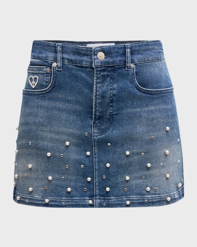 Pearl-Embellished Denim Mini Skirt
