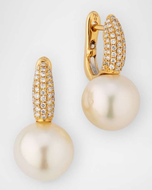 18K Yellow Gold South Sea Pearl Huggie Earrings with Diamonds