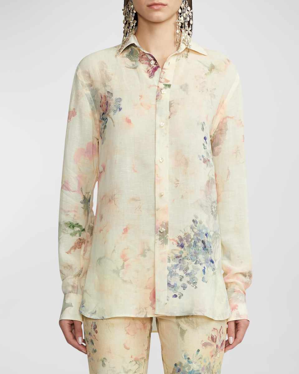 Graison Wildflowers-Print Linen Voile Collared Shirt