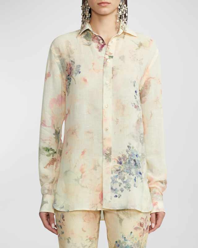 Graison Wildflowers-Print Linen Voile Collared Shirt