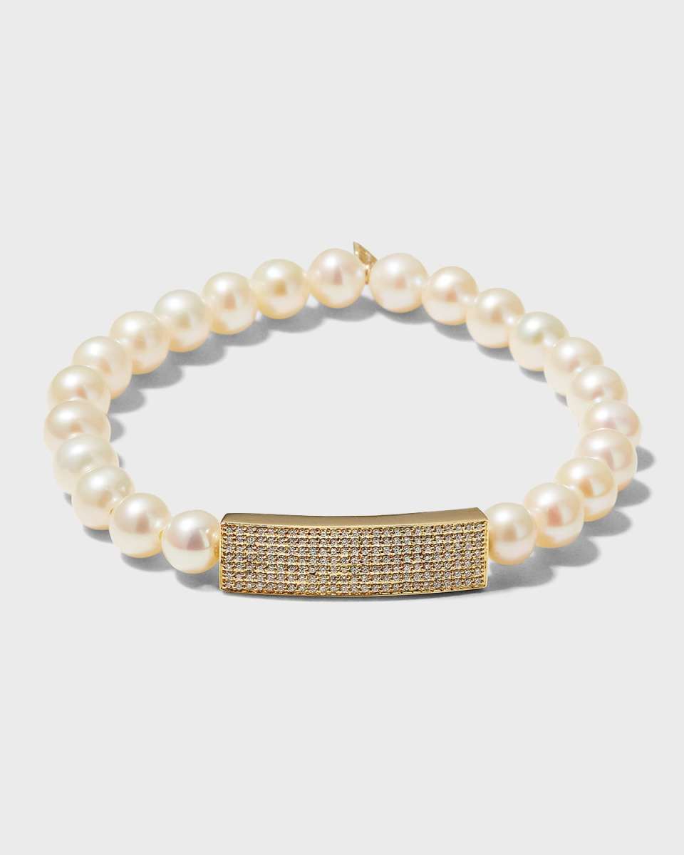 7mm Pearl Bracelet with Small Pave Rectangular Bead