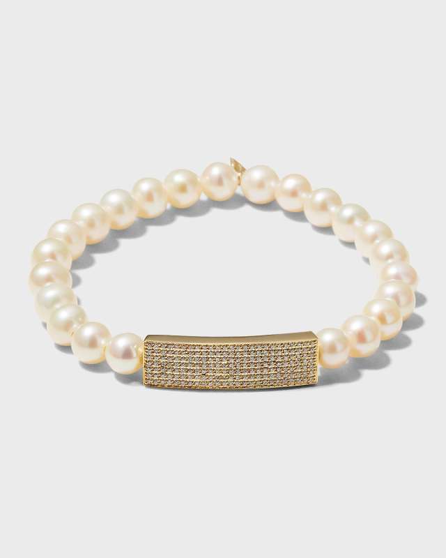 7mm Pearl Bracelet with Small Pave Rectangular Bead