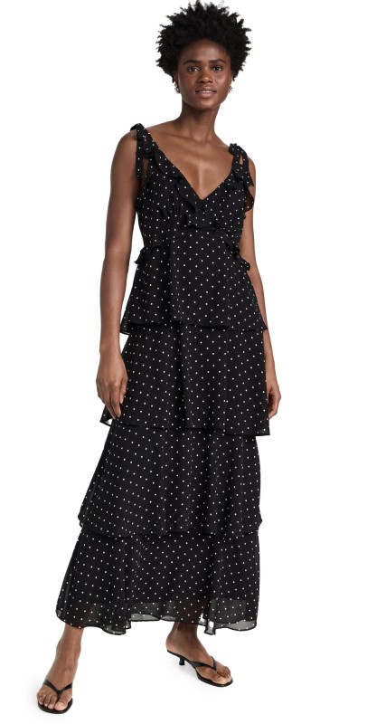 WAYF Tiered Maxi Dress Black Polka-Dot